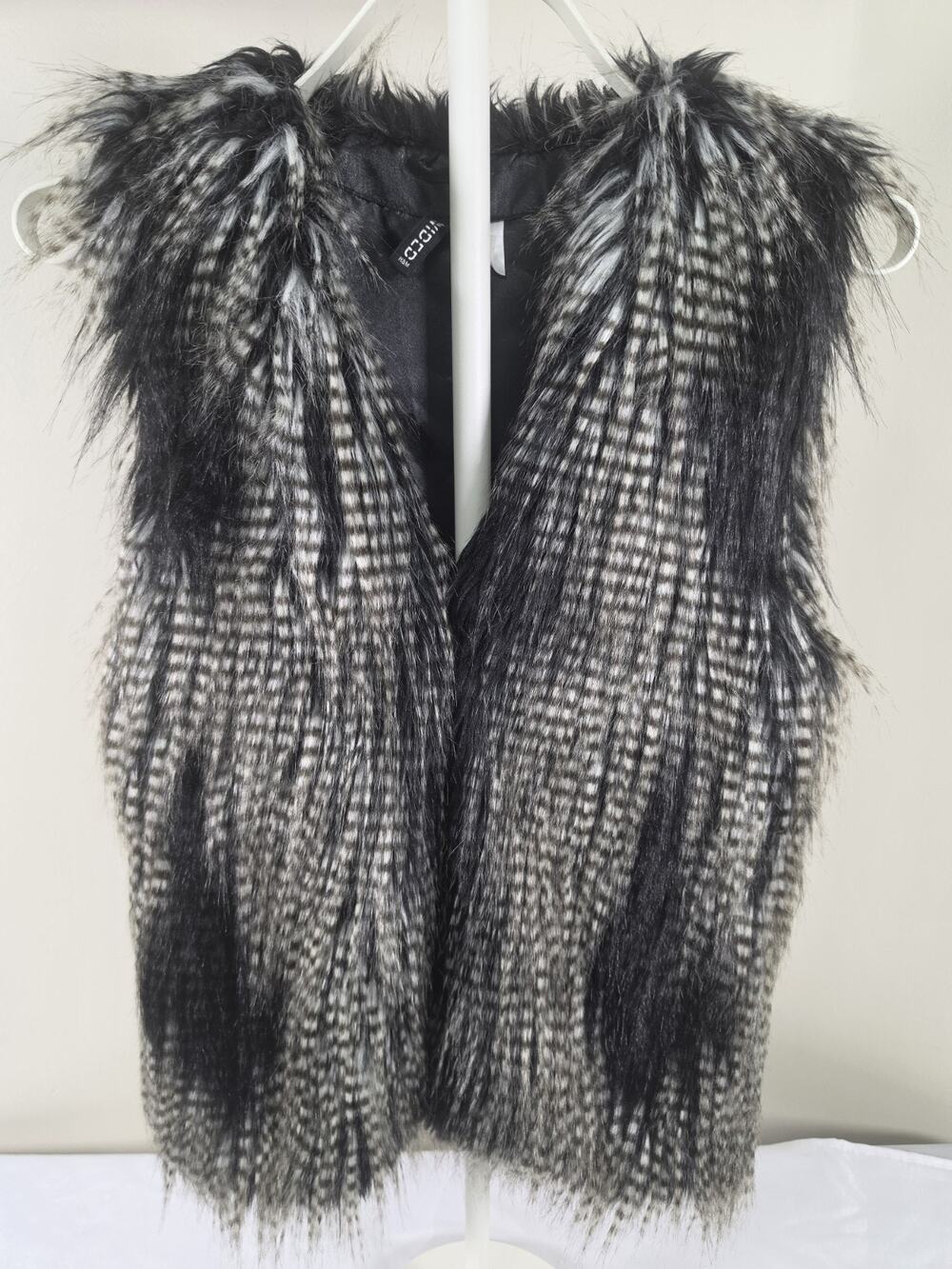 H&M Divided Women's Houndstooth Vest Black Gray White Faux Fur Trim Lined 2